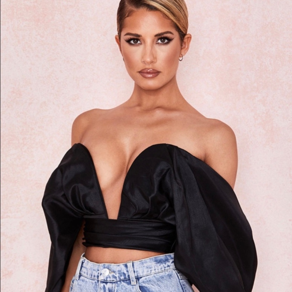 House of CB Elisetta Black Satin Plunge Off shoulder Bustier | Size: XS